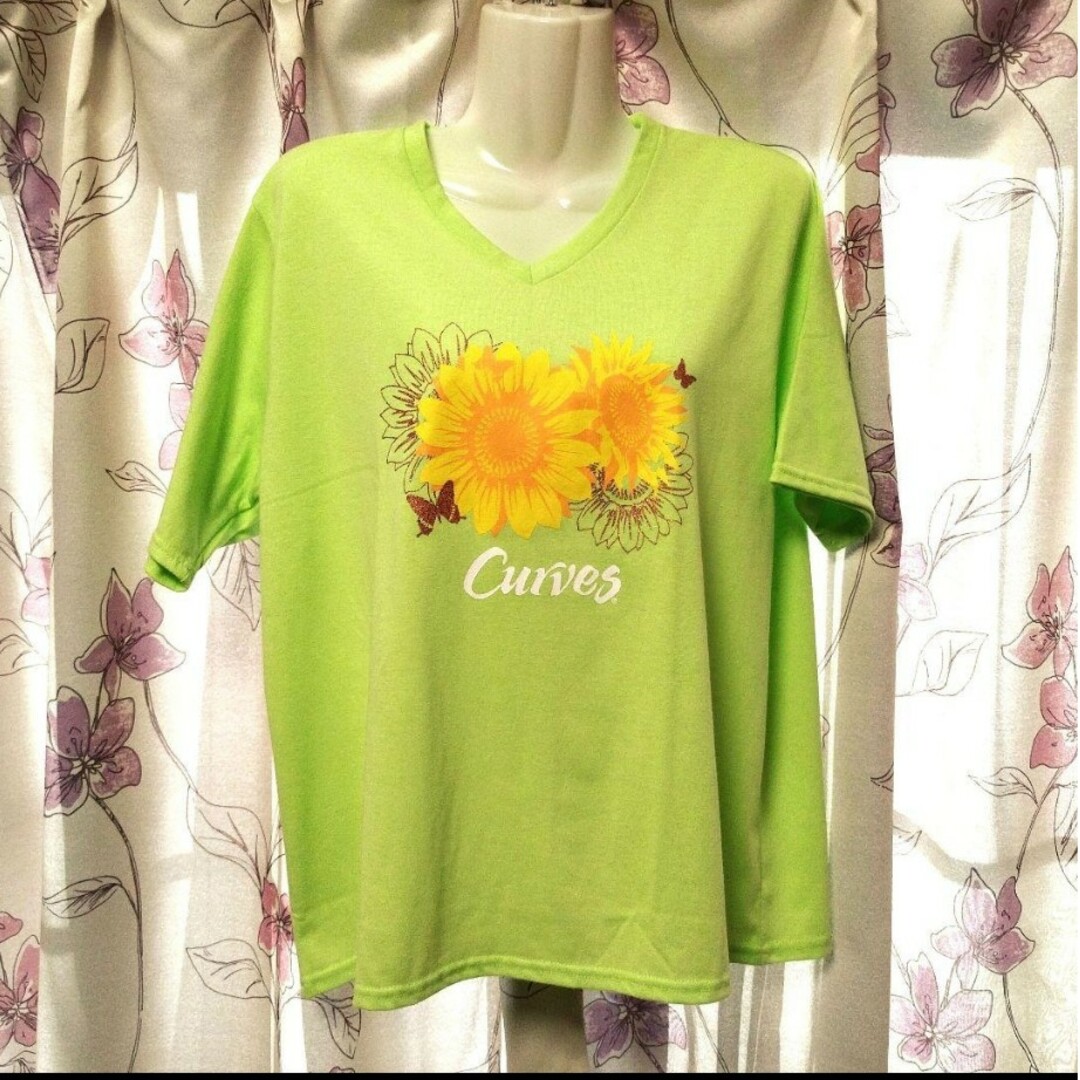 柔らかな黄緑にひまわりの花！明るくて元気の出るTシャツ L~XLの通販