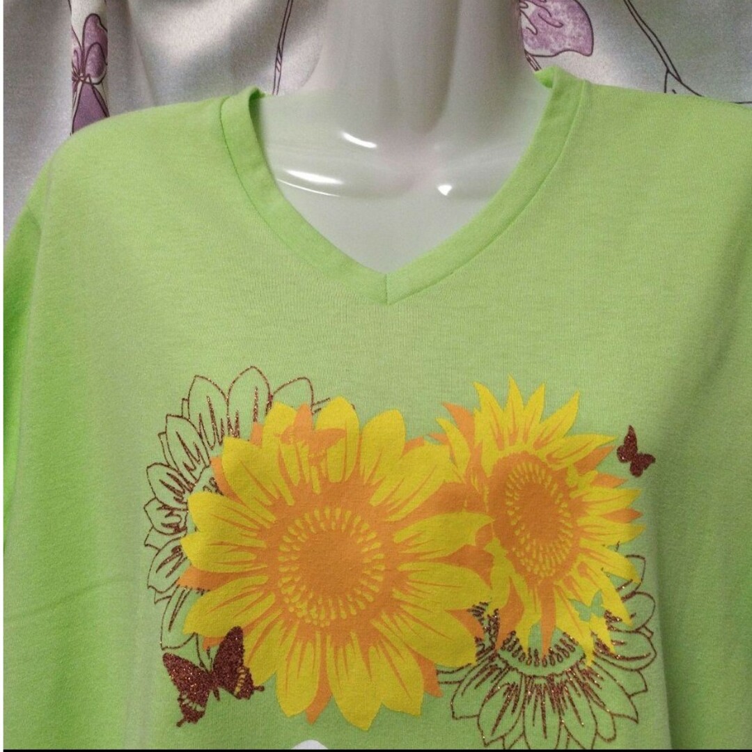 柔らかな黄緑にひまわりの花！明るくて元気の出るTシャツ L~XLの通販