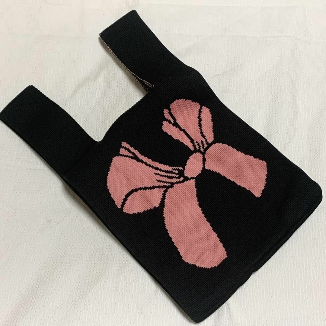 リボン ピンク 黒 ミニトートバッグ ニットバッグ　エコバッグ マイバッグ 韓国 レディースのバッグ(トートバッグ)の商品写真