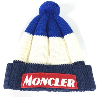モンクレール(MONCLER)のモンクレール MONCLER ロゴ ボーダー ポンポン付き ビーニー 帽子 ニット帽 ニットキャップ ニット帽 ウール ブルー 美品(ニット帽/ビーニー)