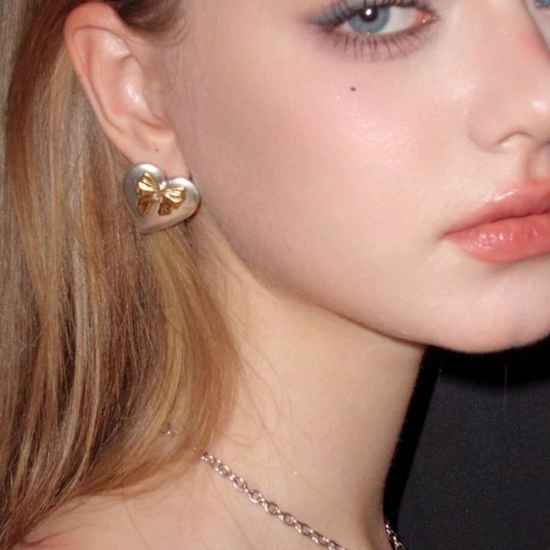 SIENA ROSE - 1PJewelry ハート×リボン ガラス シルバー ゴールド ピアス