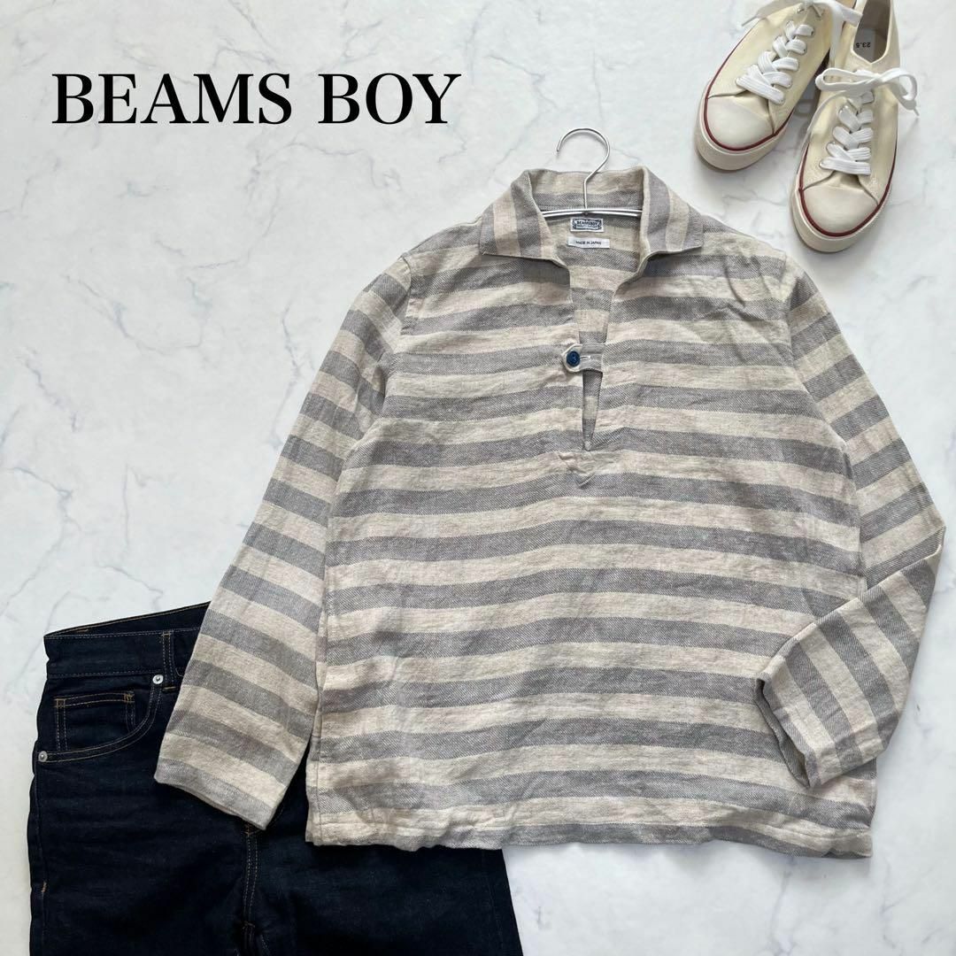 BEAMS BOY(ビームスボーイ)のBEAMSBOY リネンシャツ　トップス　襟付き　麻　ボーダー　グレー　ホワイト レディースのトップス(シャツ/ブラウス(長袖/七分))の商品写真