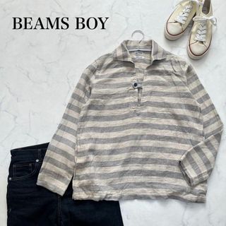 ビームスボーイ(BEAMS BOY)のBEAMSBOY リネンシャツ　トップス　襟付き　麻　ボーダー　グレー　ホワイト(シャツ/ブラウス(長袖/七分))