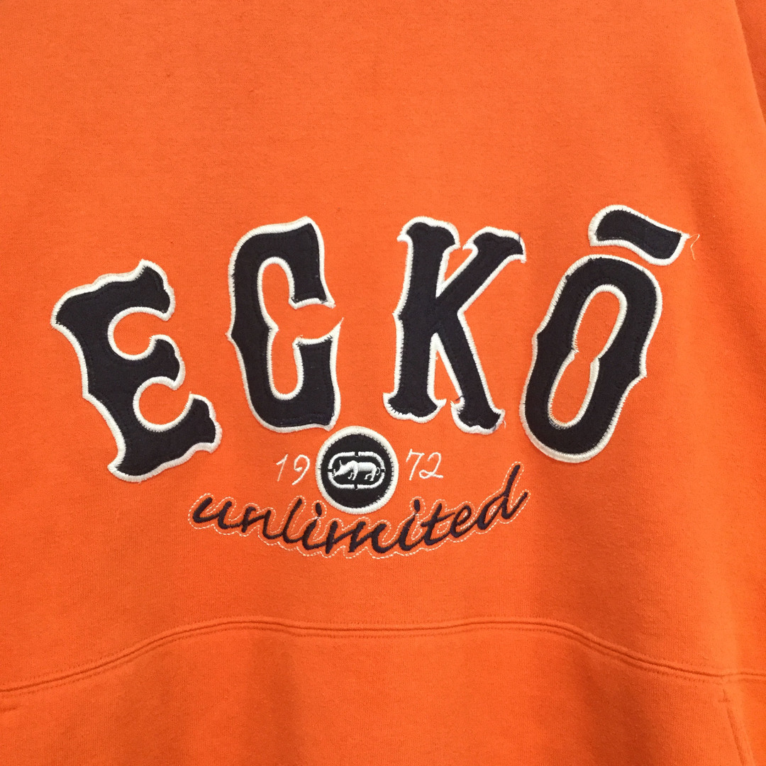ECHO(エコー)の【エコーアンリミテッド ビッグロゴパーカー】ロゴ刺繍 XL オレンジ 古着 メンズのトップス(パーカー)の商品写真
