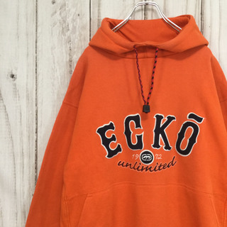 エコー(ECHO)の【エコーアンリミテッド ビッグロゴパーカー】ロゴ刺繍 XL オレンジ 古着(パーカー)