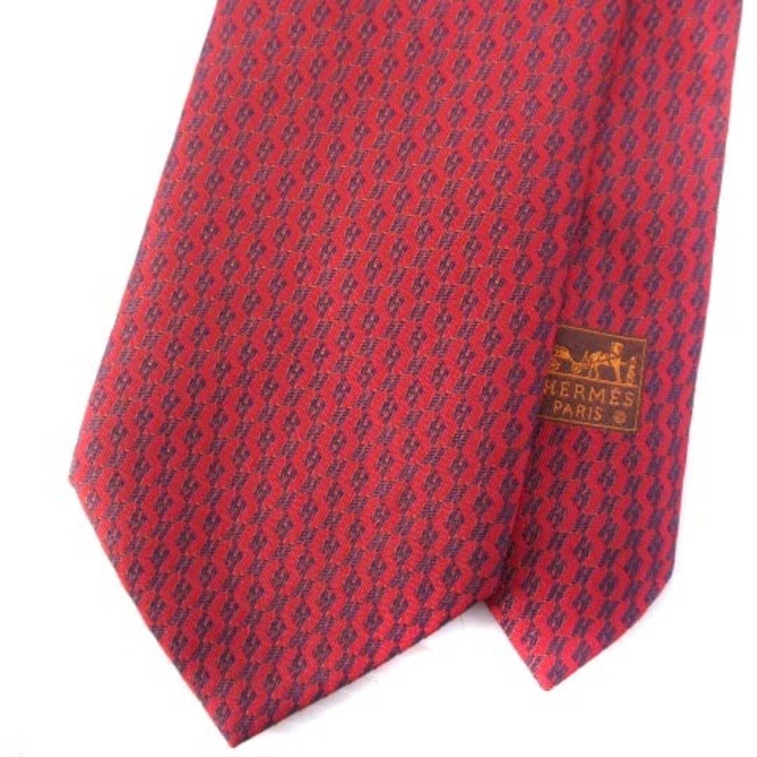 エルメス HERMES ネクタイ レギュラータイ ロゴ 総柄 シルク100％ 赤ファッション小物