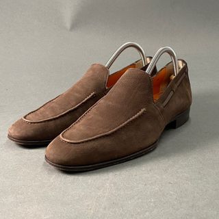 1A14 Santoni サントーニ ヴァンプローファー 6 ブラウン レザー シボ革 シューズ ビジネス フォーマル イタリア製(ドレス/ビジネス)