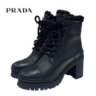 プラダ(PRADA)の未使用 プラダ PRADA ブーツ ショートブーツ ムートンブーツ 靴 シューズ レースアップ ロゴ レザー ブラック 黒(ブーツ)