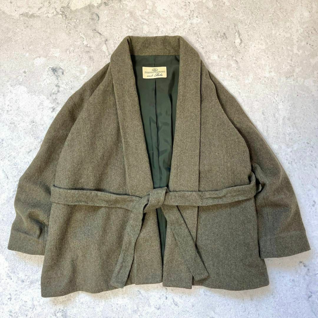 ロングコート【ネストローブ】日本製ウールベルト付 ジャケット カーディガン コート カーキ緑