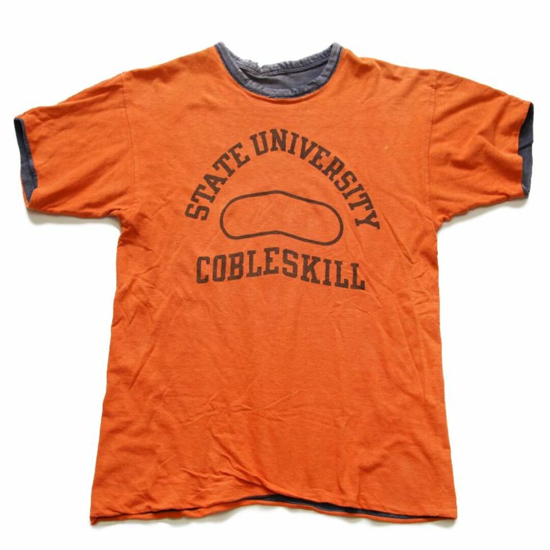 80s Championチャンピオン STATE UNIVERSITY COBLESKILL 染み込みプリント コットン リバーシブルTシャツ オレンジ×黒 フェード★墨黒コットンサイズ表記