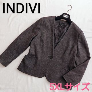 インディヴィ(INDIVI)の極美品☆インディヴィ ノーカラージャケット 黒 48 5XL  大きいサイズ(ノーカラージャケット)