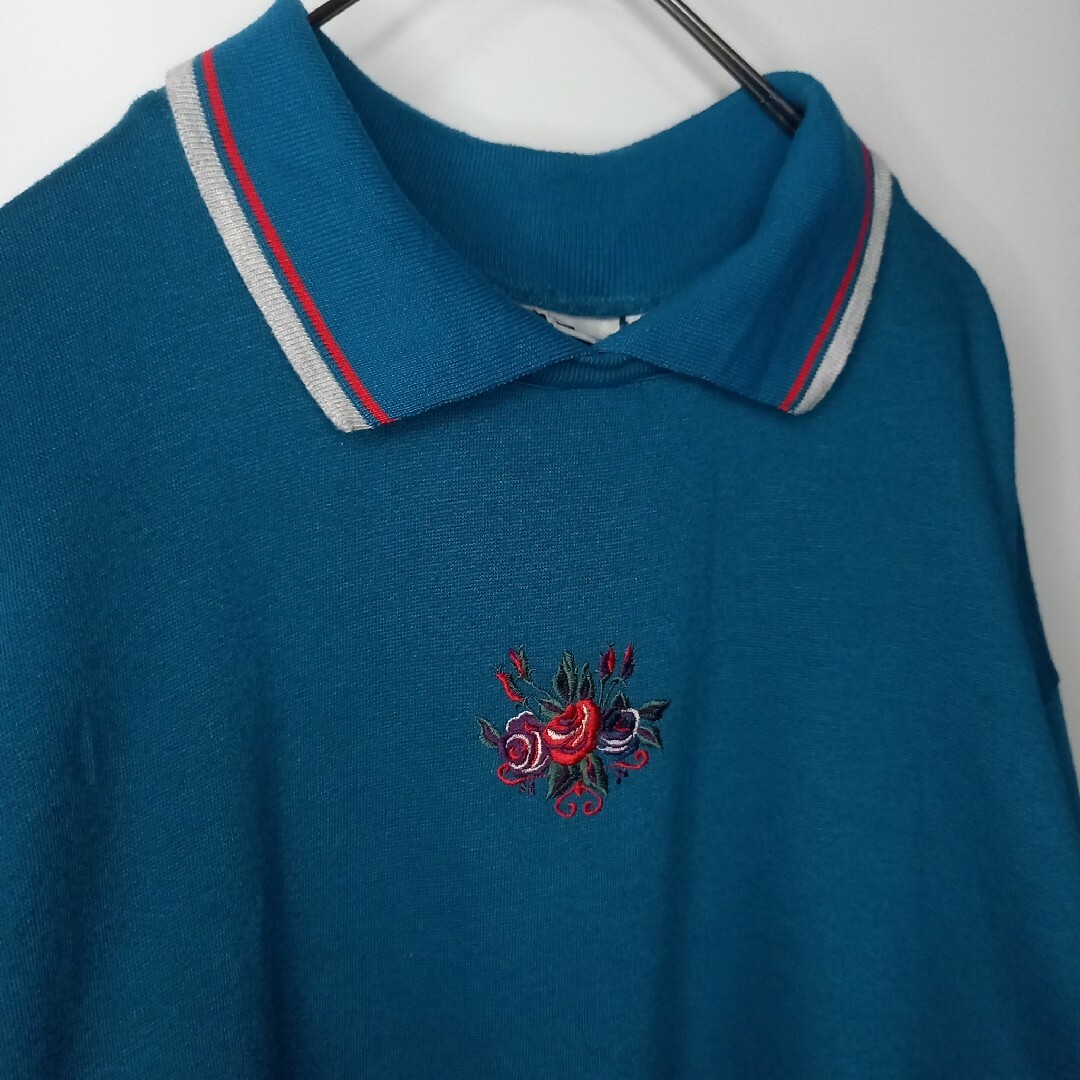 90s　ポロスウェット　ポロシャツ　トレーナー　フロント刺繍　花柄　青緑　L メンズのトップス(スウェット)の商品写真