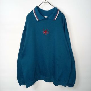 90s　ポロスウェット　ポロシャツ　トレーナー　フロント刺繍　花柄　青緑　L(スウェット)