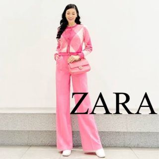 ザラ(ZARA)の美品　ZARA ザラ　カーディガン　ニット　トップス　ウール　ダイヤ柄　人気(カーディガン)