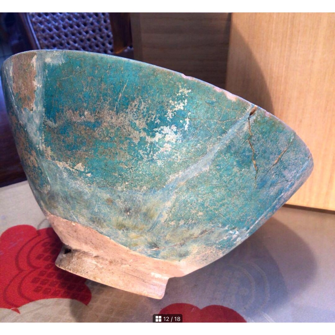 A767 ペルシャ古陶 古代波斯 青釉刻文黒線描 銀化鉢 発掘出土品 A767 ペルシャ古陶 古代波斯 青釉刻文黒線描 銀化鉢 発掘出土品