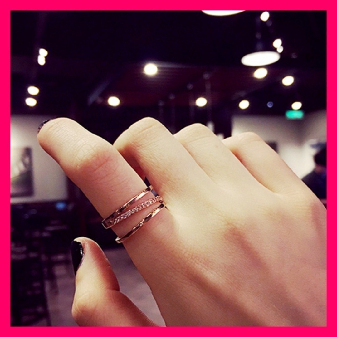 3連 指輪 ジルコニア リング フリーサイズ ピンクゴールド 人気 韓国 大人 レディースのアクセサリー(リング(指輪))の商品写真