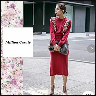 ミリオンカラッツ(Million Carats)の【ミリオンカラッツ】花レースニットワンピース　手洗い　赤　F　伸縮性　長袖(ロングワンピース/マキシワンピース)