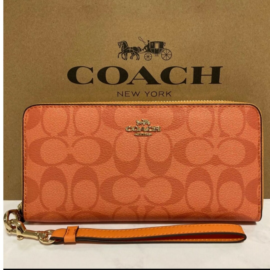 COACH - 新品 COACH 長財布 ラウンドファスナー オレンジ シグネチャー