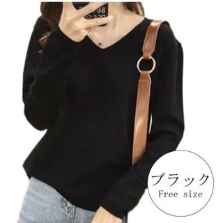 【ブラック】Vネック　シンプルニット　セーター　プルオーバー　シンプル　カラー(ニット/セーター)