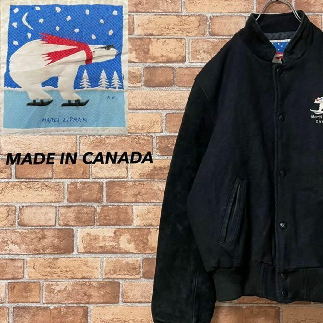 アルファインダストリーMarciLipman カナダ製　袖スウェード　ウールスタジャン　刺繍ロゴ　S