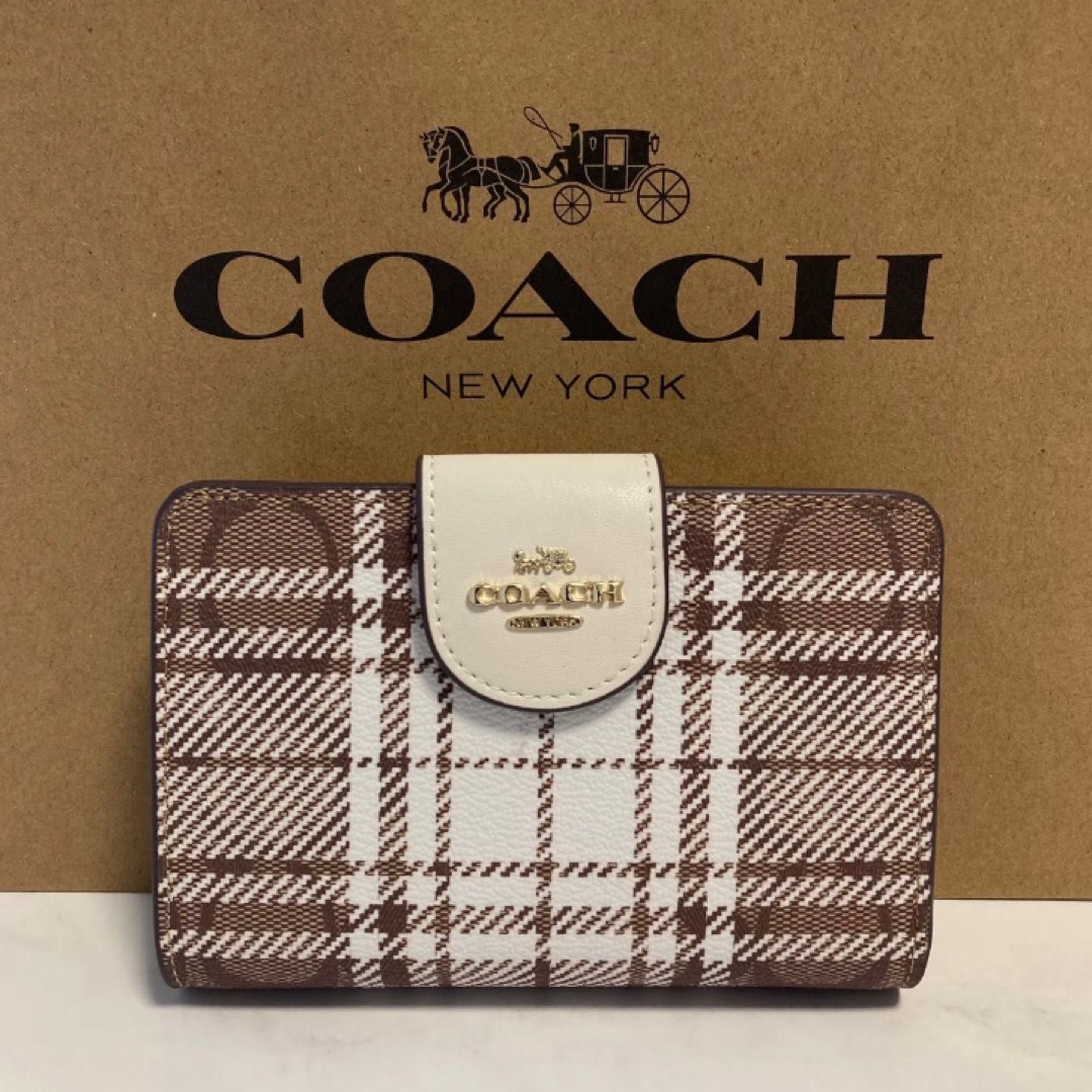 小銭入れ新品　COACH  二つ折り財布　ホワイト ブラウン チェック　小銭入れ有