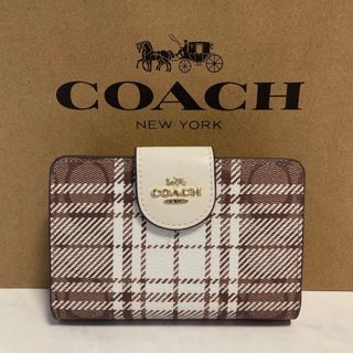 コーチ(COACH)の新品　COACH  二つ折り財布　ホワイト ブラウン チェック　小銭入れ有(財布)