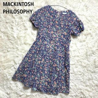 マッキントッシュフィロソフィー(MACKINTOSH PHILOSOPHY)のMPドット柄プリーツフレアワンピース1青緑ピンクパフスリーブ美品(ひざ丈ワンピース)