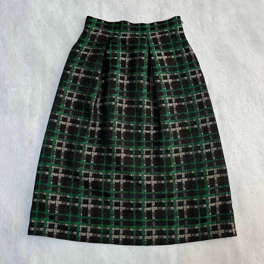 【ルルウィルビー】チェックジャガードスカート サイズ1 日本製 光沢感グリーン系