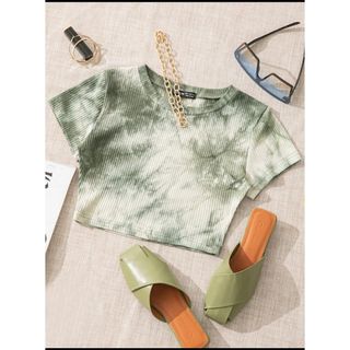 SHEIN カジュアル　リブニット　絞り染めTシャツ(Tシャツ(半袖/袖なし))