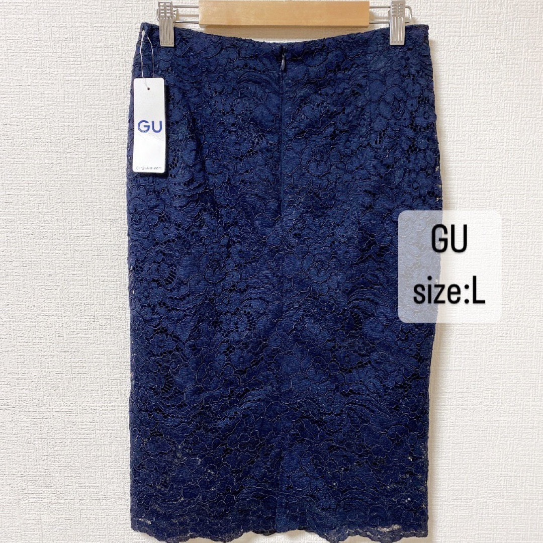 GU(ジーユー)のGU   レースタイトスカート　花柄　ネイビー　Lサイズ　タグ付 レディースのスカート(ひざ丈スカート)の商品写真