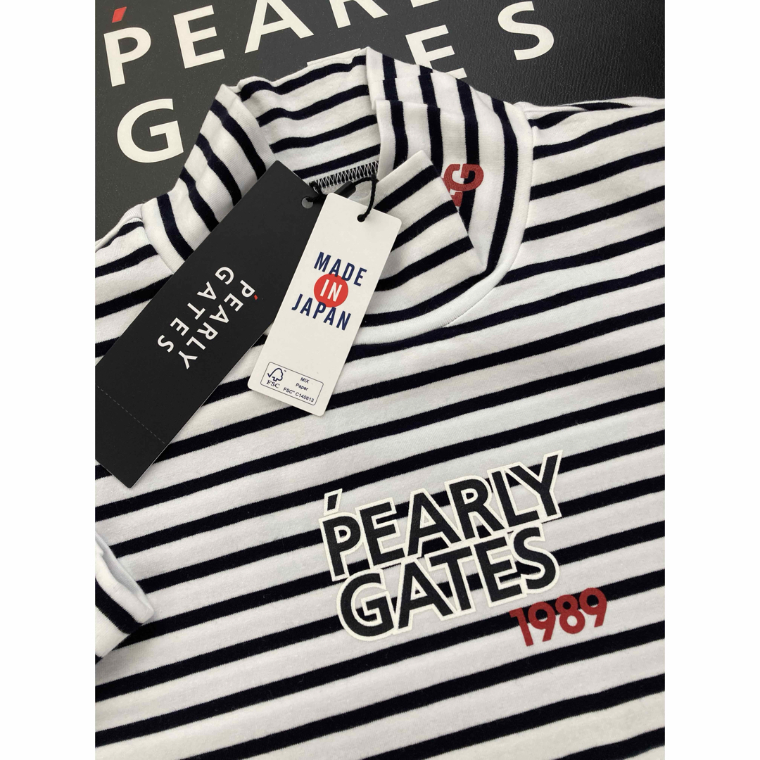 PEARLY GATES(パーリーゲイツ)の新品 パーリーゲイツ ベア天竺ボーダー長袖ハイネックカットソー(5)L/白 最新 スポーツ/アウトドアのゴルフ(ウエア)の商品写真