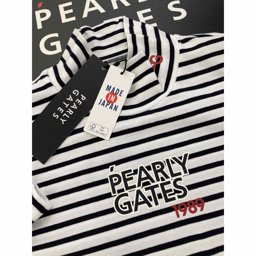 PEARLY GATES(パーリーゲイツ)の新品 パーリーゲイツ ベア天竺ボーダー 長袖ハイネックカットソー(7)3L/白 スポーツ/アウトドアのゴルフ(ウエア)の商品写真