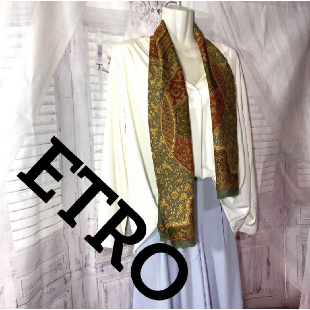 ETRO(エトロ)のエトロ　ETRO グリー系　シルク　コットン　ストール レディースのファッション小物(ストール/パシュミナ)の商品写真