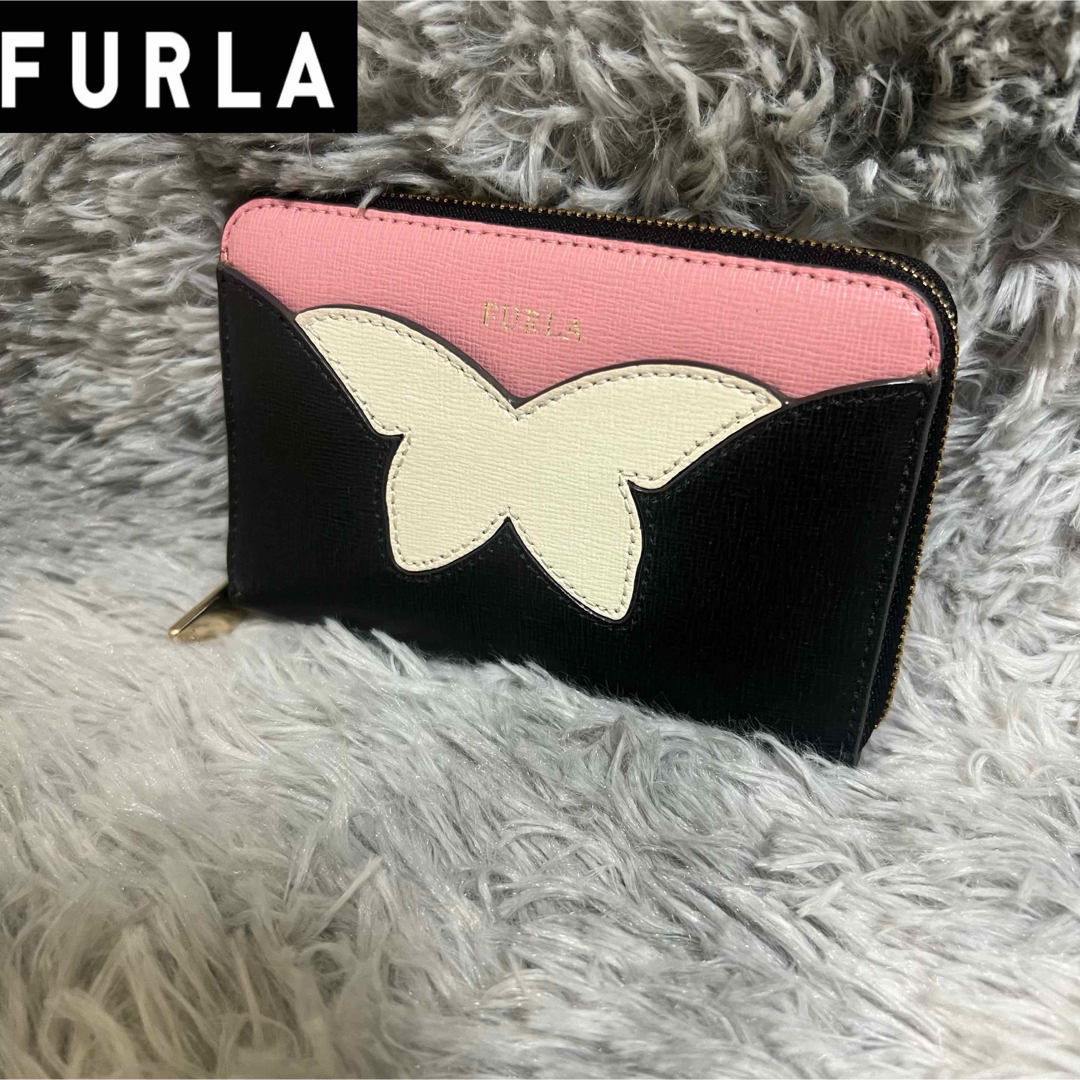 財布【極美品】FURLA フルラ　レザー　ラウンドファスナー　コンパクト財布　蝶