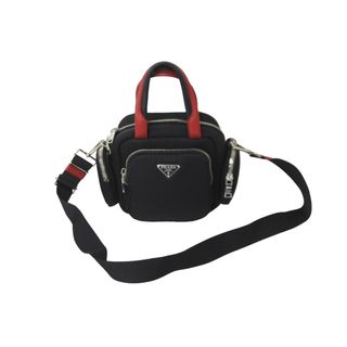 プラダ(PRADA)の極美品 PRADA プラダ 2WAYハンドバッグ 1BB061 三角ロゴプレート ナイロン レザー ブラック レッド シルバー金具 中古 59123(ハンドバッグ)