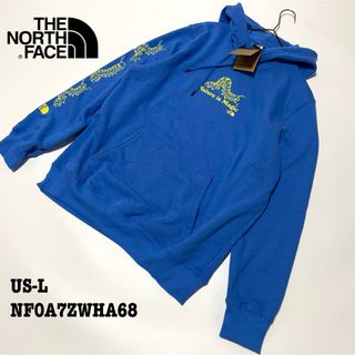 ザノースフェイス(THE NORTH FACE)の【新品】US-L ノースフェイス パーカー スウェット 袖プリント ブルー 海外(パーカー)