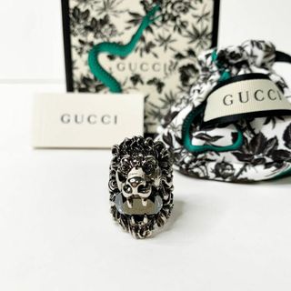 グッチ(Gucci)の美品 GUCCI グッチ ライオンヘッド×クリスタル付き ワイドリング ストーン(リング(指輪))