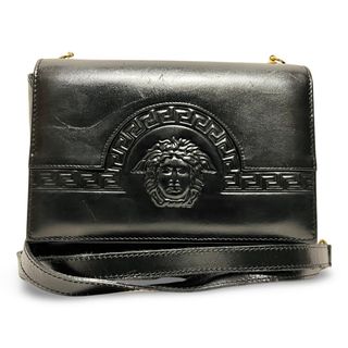 ジャンニヴェルサーチ(Gianni Versace)のGIANNI VERSACE ジャンニヴェルサーチェ メデューサ グレカエンボス レザー ショルダーバッグ クロスボディーバッグ ブラック ヴィンテージ(ショルダーバッグ)