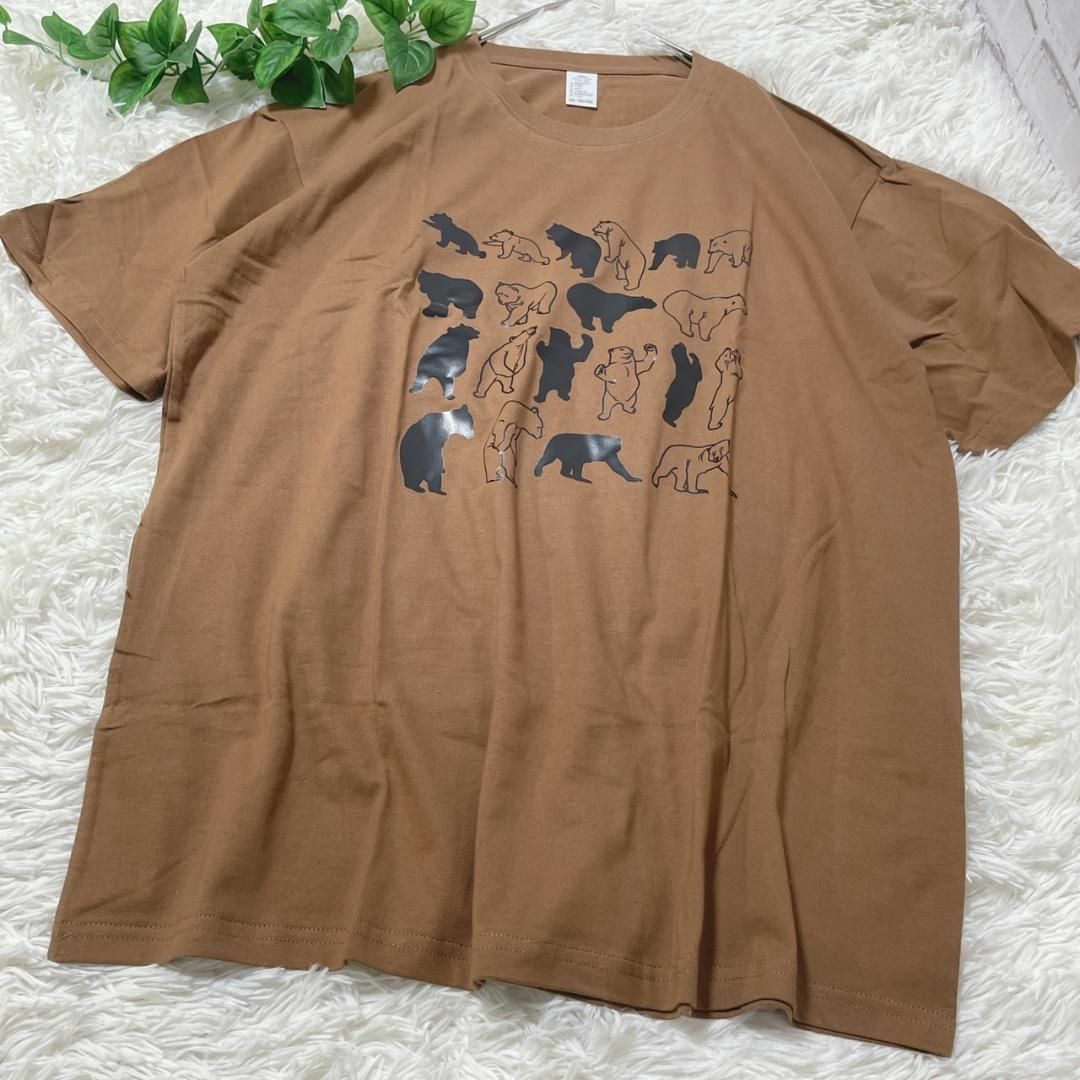 3XL ブラウン コットン 半袖 Tシャツ 熊 いっぱい 着心地 くま プリント レディースのトップス(Tシャツ(半袖/袖なし))の商品写真