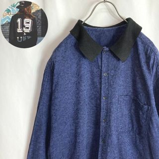 ヴィンテージ(VINTAGE)の古着 総柄シャツ メッシュ 花柄 ボタニカル柄 襟 切替え 長袖 ネイビー2XL(シャツ)