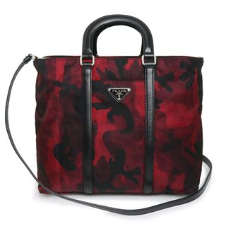 プラダ(PRADA)のプラダ 2WAY ショルダー ハンドバッグ 斜め掛け カモフラージュ 迷彩 テスート ナイロン レザー ブラック ボルドー 黒 赤 シルバー金具 BN2791 PRADA（中古）(ハンドバッグ)