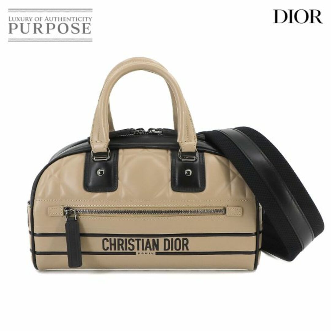 ベージュ×ブラック金具未使用 展示品 クリスチャン ディオール Chiristian Dior ヴァイブ スモール ボウリング バッグ 2way ハンド ショルダー レザー VLP 90220503