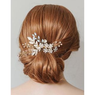 ヘアコーム ボタニカル お花 リーフ ピンク ゴールド ヘッドドレス ビジュー(その他)