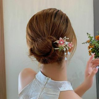 簪ヘアフォーク花ヘアアクセサリーレディース華やかおだんごピン揺れピンクセレモニー(ヘアピン)