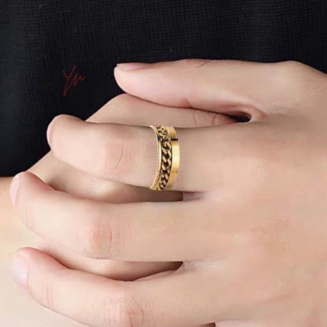 ゴールドローマ字喜平リング ステンレスリング  ステンレスチェーン メンズ メンズのアクセサリー(リング(指輪))の商品写真