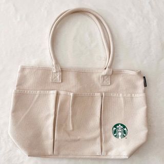 スターバックス(Starbucks)の【新品未使用】スターバックス　トートバッグ　キャンバス生地　外ポケット　ホワイト(トートバッグ)