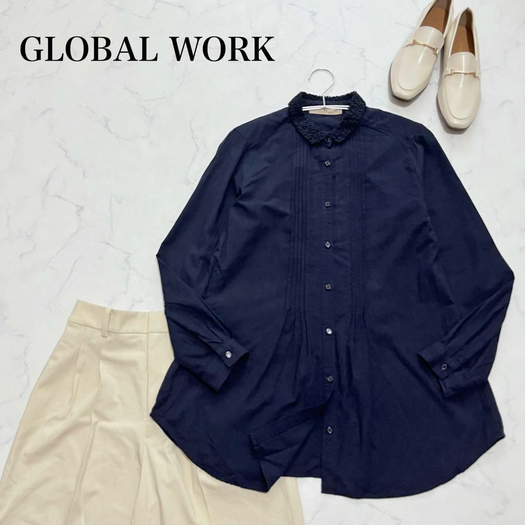 GLOBAL WORK(グローバルワーク)のGLOBAL WORK ピンタックシャツ　紺　ネイビー　襟レース　S コットン レディースのトップス(シャツ/ブラウス(長袖/七分))の商品写真