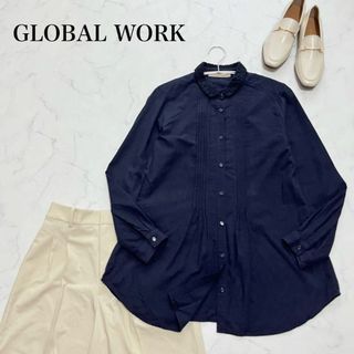 グローバルワーク(GLOBAL WORK)のGLOBAL WORK ピンタックシャツ　紺　ネイビー　襟レース　S コットン(シャツ/ブラウス(長袖/七分))