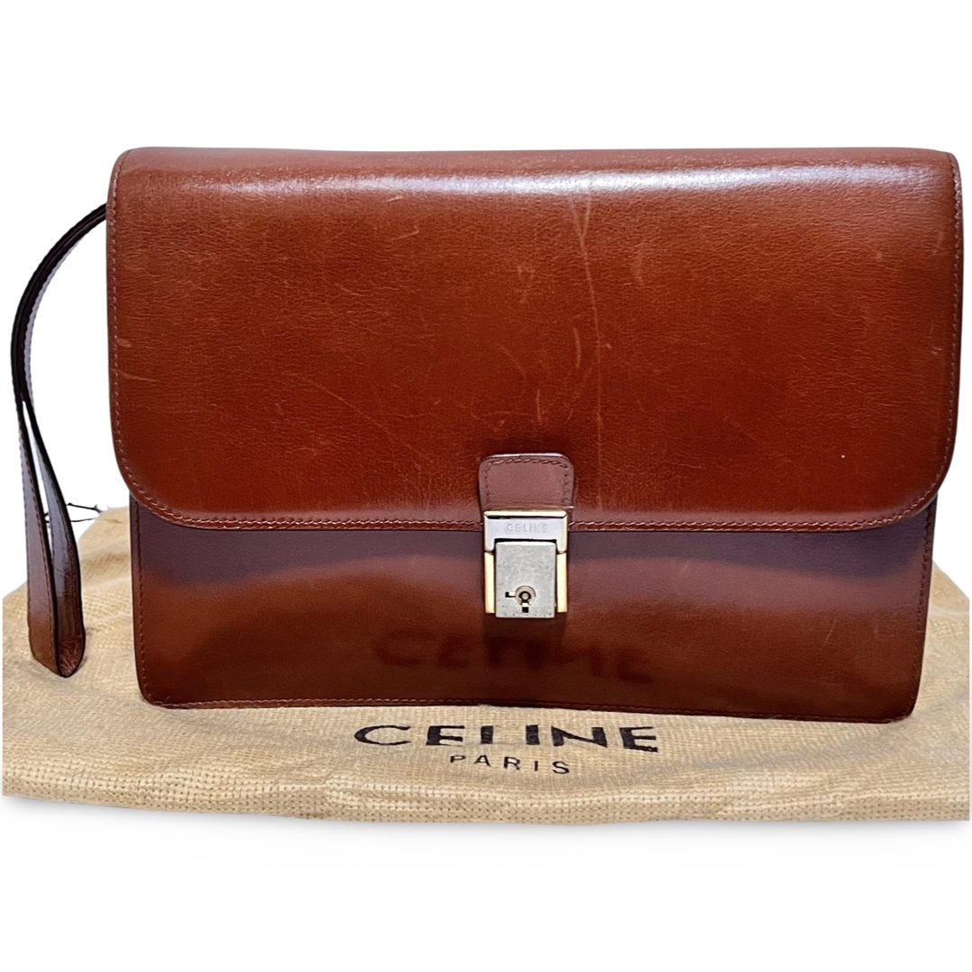 celine(セリーヌ)のCELINE セリーヌ ヴィンテージ レザー セカンドバッグ クラッチバッグ ブラウン ストラップ 鍵付き メンズのバッグ(セカンドバッグ/クラッチバッグ)の商品写真