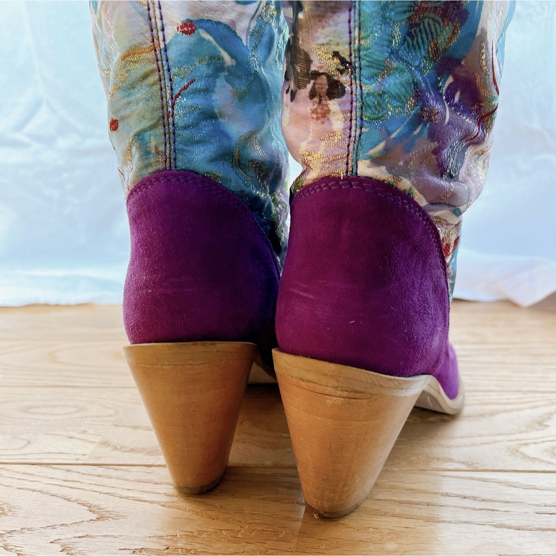 金彩刺繍 切り替えロングブーツ レザー×花柄 織布 華やか  24〜24.5 レディースの靴/シューズ(ブーツ)の商品写真